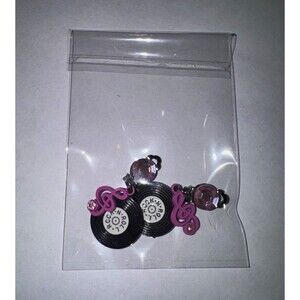 Black Pink Music Theme Record & Treble Clef Dangle/Drop Clip-On Earrings